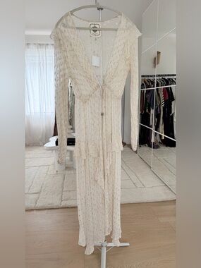 Beaded Cream Maxi Dress with Tie-Waist